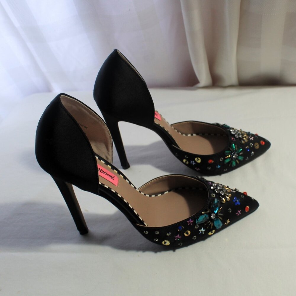 Betsey Johnson Mayson Bejeweled Black Satin Stiletto Heels, 6M, EUC - Picture 3 of 10